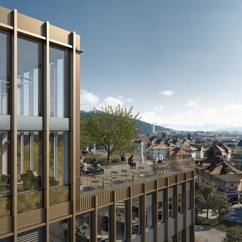 modern building with glass facade, balcony, terrace, city view