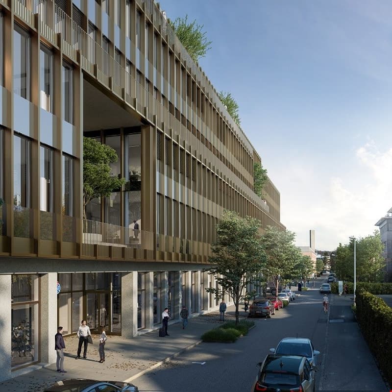 modern building, glass windows, balconies, brown and white facade, street with cars and people