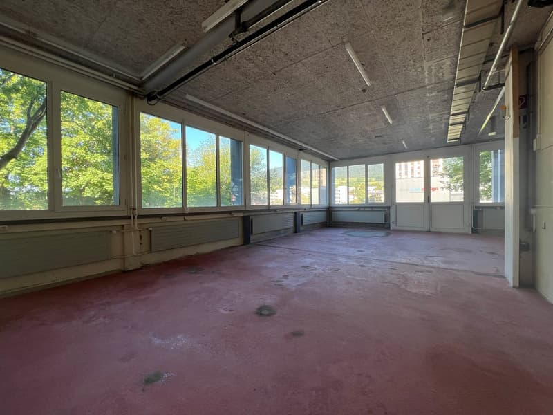Large open room with concrete floor, exposed ceiling, and large windows overlooking trees outside. The space appears to be an empty office or commercial space that is currently unoccupied.
