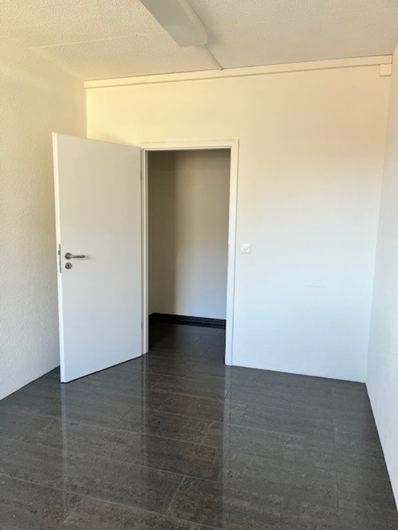 empty room, white walls, tiled floor, open door, small closet