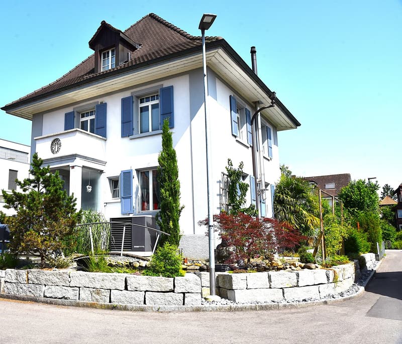 Two story house, white exterior, blue shutters, raised ground floor, garden, street view