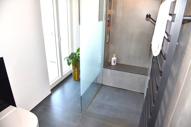 Glass shower, gray tiles, black floor, bench, potted plant, soap dispenser, and a towel rack
