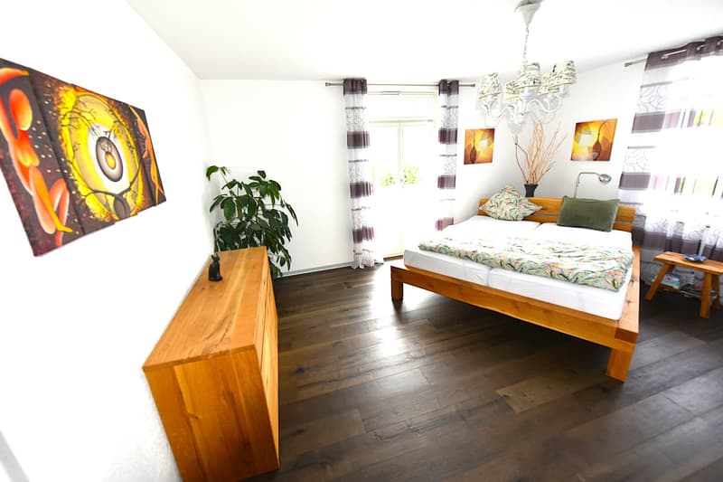 wooden bed, two bedside tables, wooden wardrobe, chandelier, painting, plants