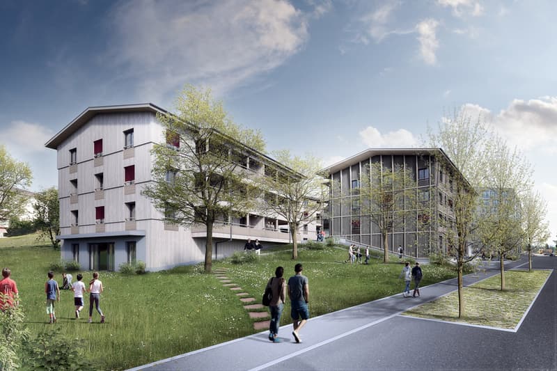 Two residential buildings, modern design, raised ground floor, multiple windows, balconies, green surroundings