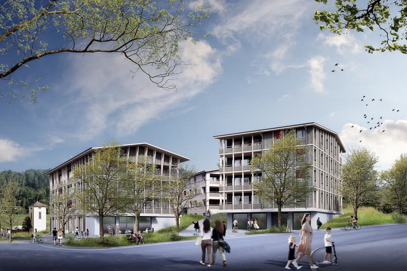 Two residential buildings, modern design, balconies, green spaces, walking paths, bicycles, people walking