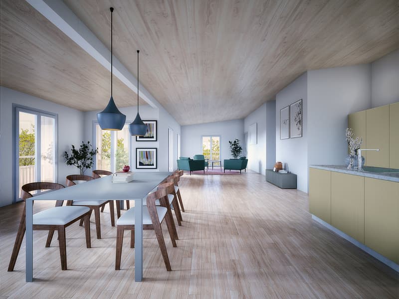 Dining area with a long table and chairs, open kitchen with a sink and cabinets, living area with couches and a coffee table, windows with views of the outside