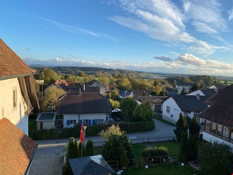 Several houses visible in the background, with a large open view in front