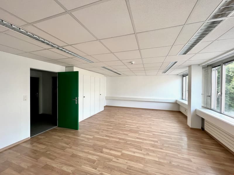large, empty room with wooden floors, white walls, green door, large windows, benches