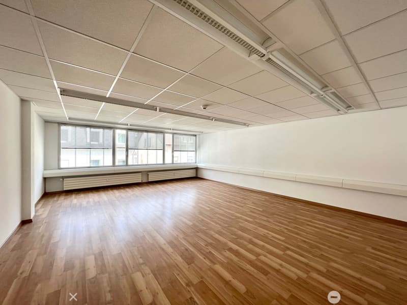 Hardwood floor, large windows, ceiling-mounted fluorescent lights, white walls, large room.