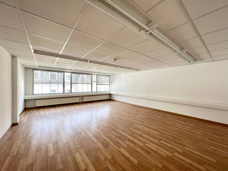 Hardwood floor, large windows, ceiling-mounted fluorescent lights, white walls, large room.