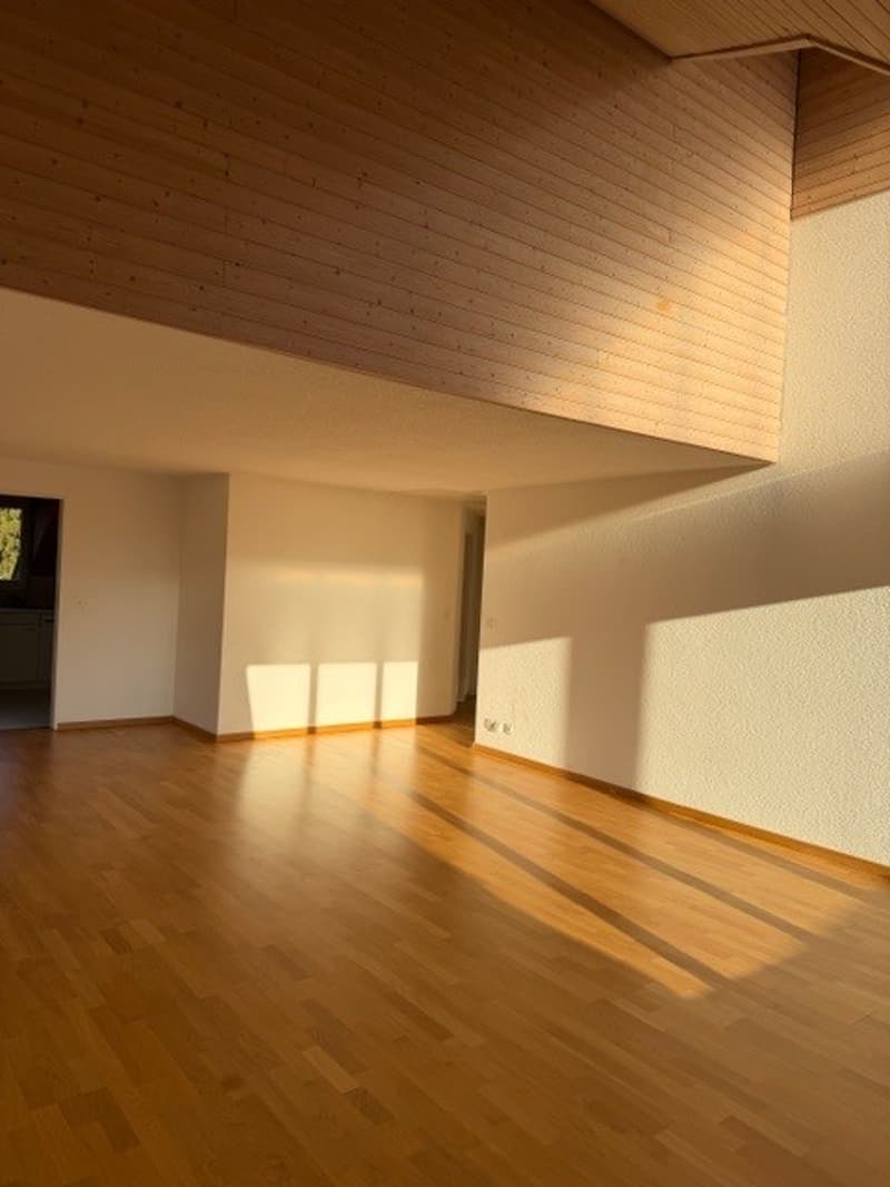empty room, wooden floor, white walls, wooden ceiling, sunlight