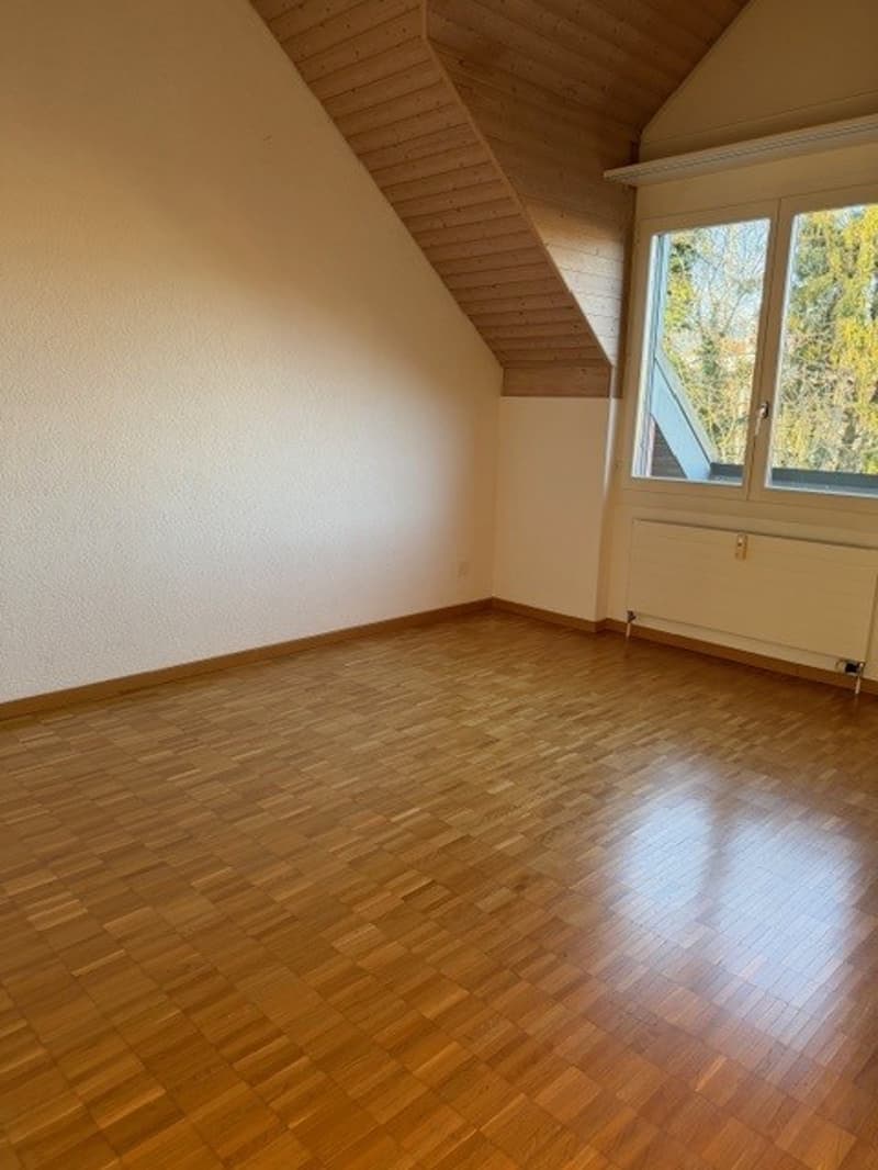 empty room, wooden floor, white walls, large window, wooden ceiling