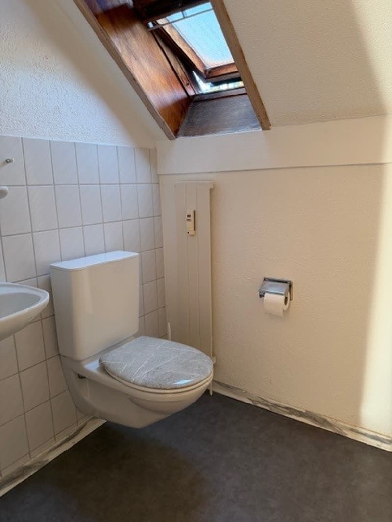 Bathroom with toilet, sink, and a window