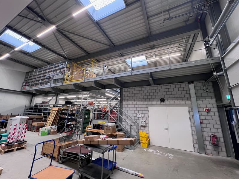 Warehouse with raised ground floor, steel trusses, multiple storage shelves, a central staircase, pallet carts, several packages and crates