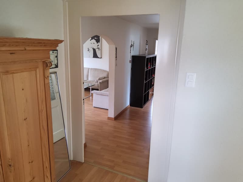 Wooden floor, white walls, arched doorway, mirror, bookshelf, framed picture, sofa, coffee table