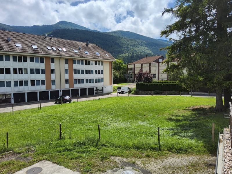 multi-family house with multiple windows, mountains in the background, black car parked in front, grass and trees in the foreground