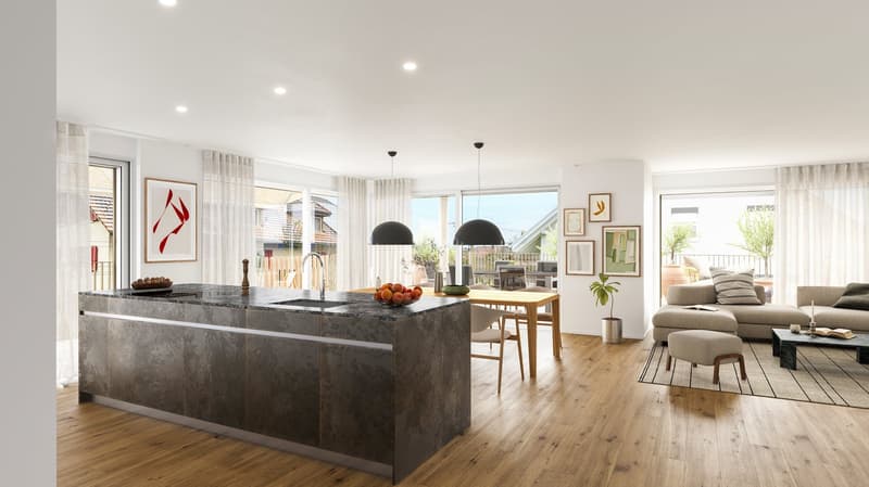 Modern interior design with a kitchen island, dining table, living room sofa, decorative wall paintings, large windows with white curtains