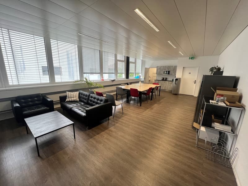 modern living room with black couches, glass table, windows, dining table with chairs, microwave, mini fridge, potted plants, storage boxes