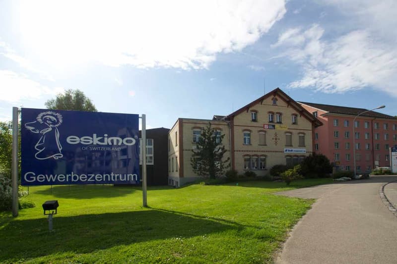 Multi-storey building, commercial, with glass windows, signage 'Eskimo', well-maintained garden