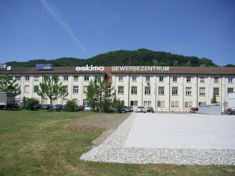 modern office building, sign reading 'eskimo GEWERBEZENRUM', parked cars in front, trees, grassy area