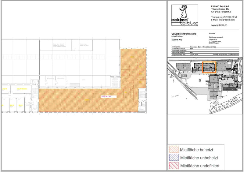 Floor plan of a commercial property including various rooms and designated areas for office spaces, production, and other uses.