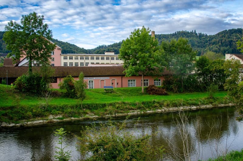 2 story building, brick facade, large windows, located next to a river, surrounded by trees and bushes