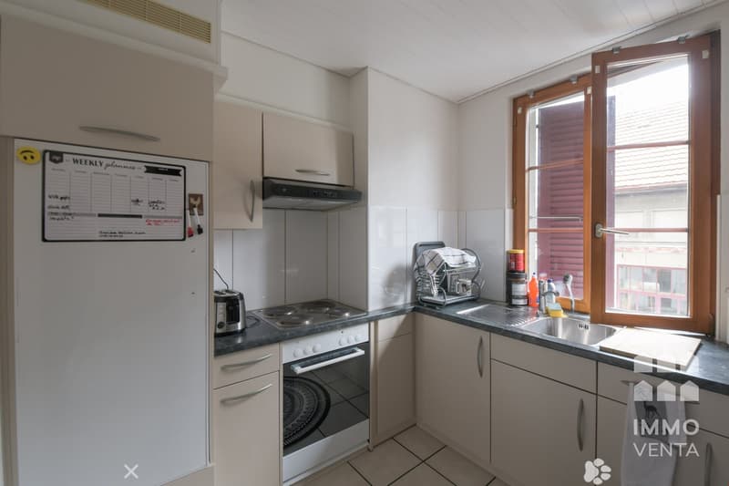 white cabinets, stove, sink, fridge, countertop, window, ventilation