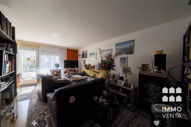 living room with black couches, coffee table, TV, bookshelves, carpet, framed pictures, and a window with curtains