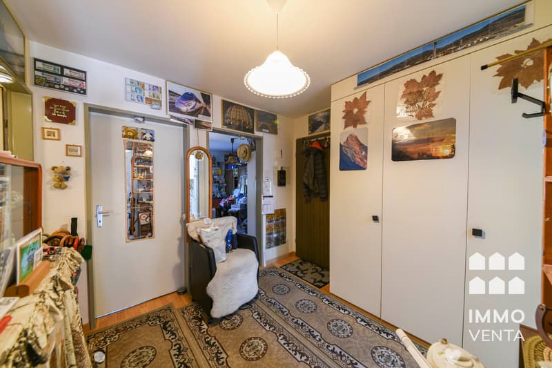 Entrance hall with a chair, rug, mirror, and coat rack. Wall decorations include pictures and leaves.