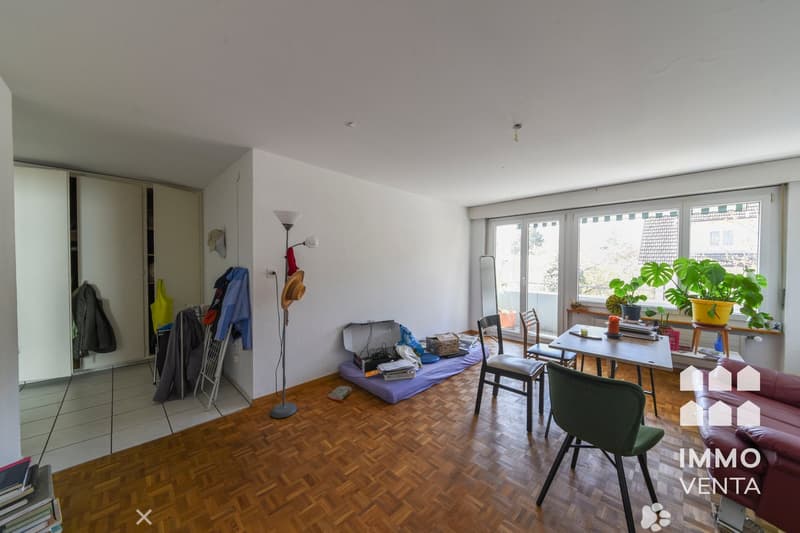 wooden floor, white walls, wardrobe, table, chairs, plants, lamp, open window
