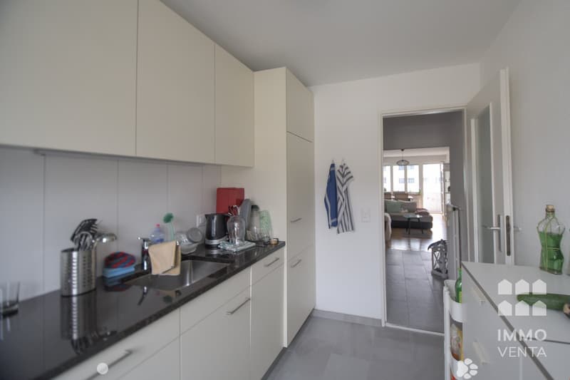 modern kitchen, white cabinets, black countertops, stainless steel sink, dishwasher, washing machine, open door to living room