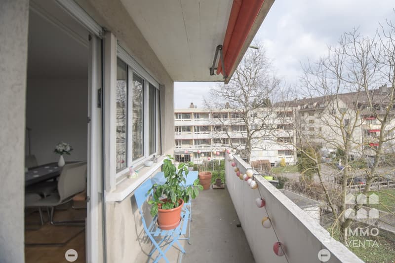 Balcony with blue chairs, potted plants, and a table with flowers