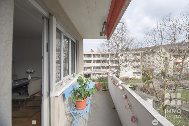 Balcony with blue chairs, potted plants, and a table with flowers