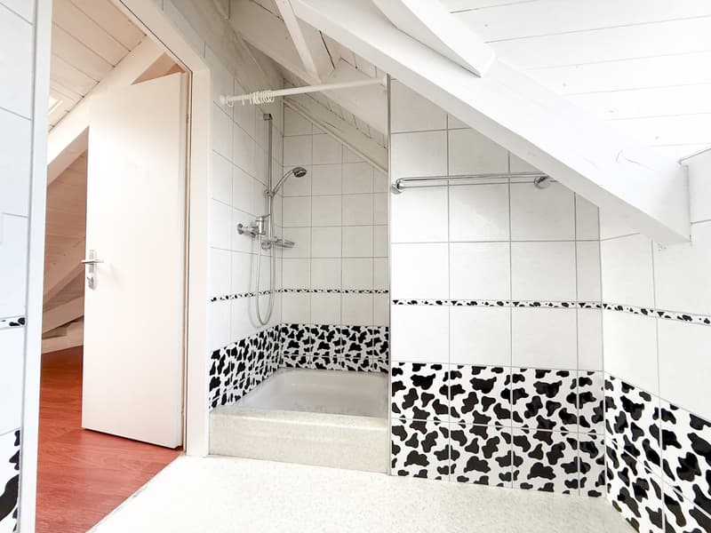 A small bathroom in an attic with a bathtub, shower area, cow print wall tiles, and wooden floor.