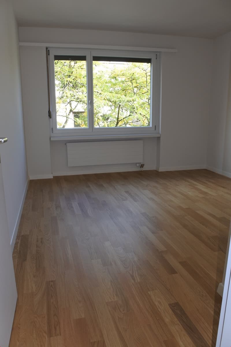 empty room, hardwood floors, large window, white walls, white door, white radiator