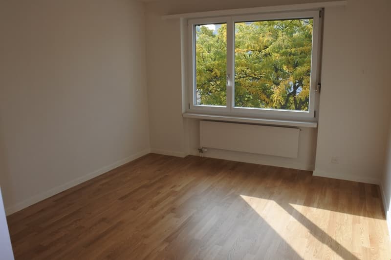empty room, wooden floor, white walls, large window, white radiator