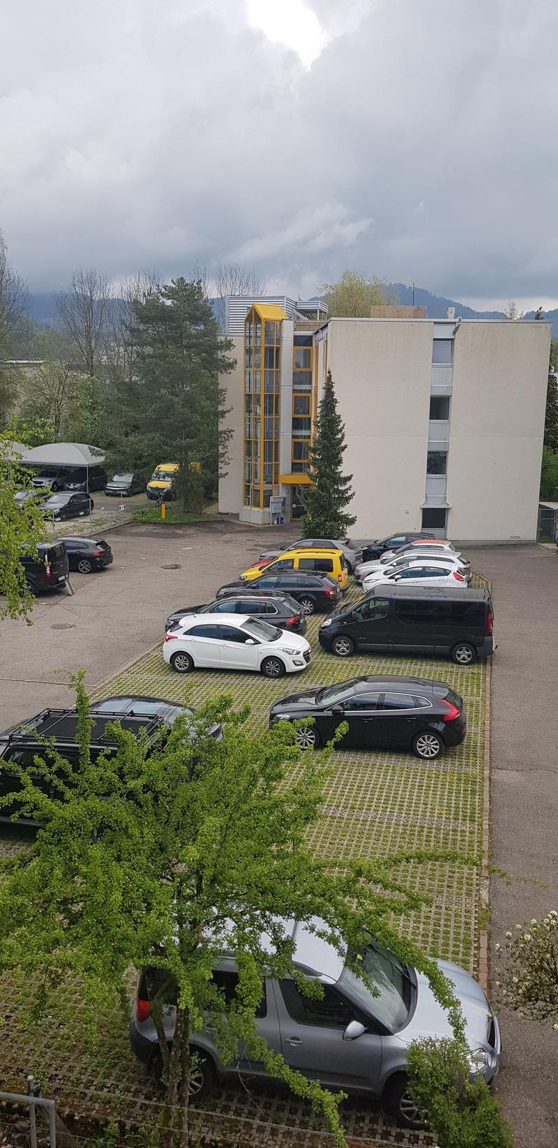 Large parking lot, multiple cars parked, multiple trees, building with yellow windows