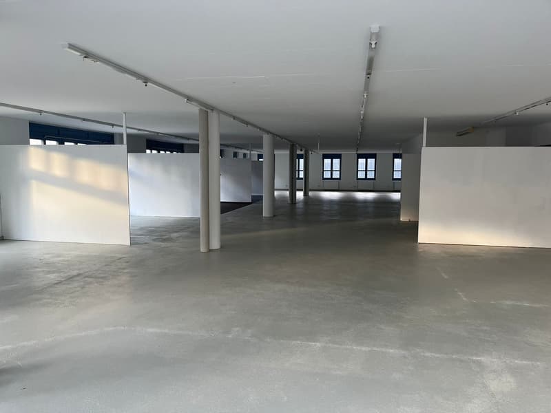 Empty, large room with concrete floors, white walls, and several windows on both sides. Bright lighting and concrete ceiling.