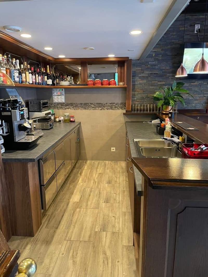 Open kitchen layout, wooden flooring, granite countertops, built-in appliances, modern sink, hanging plants, ample storage, modern lighting, tiled backsplash
