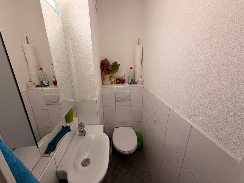 a small bathroom with white tiles, white sink, white toilet, mirror, a vase with flowers, cleaning products