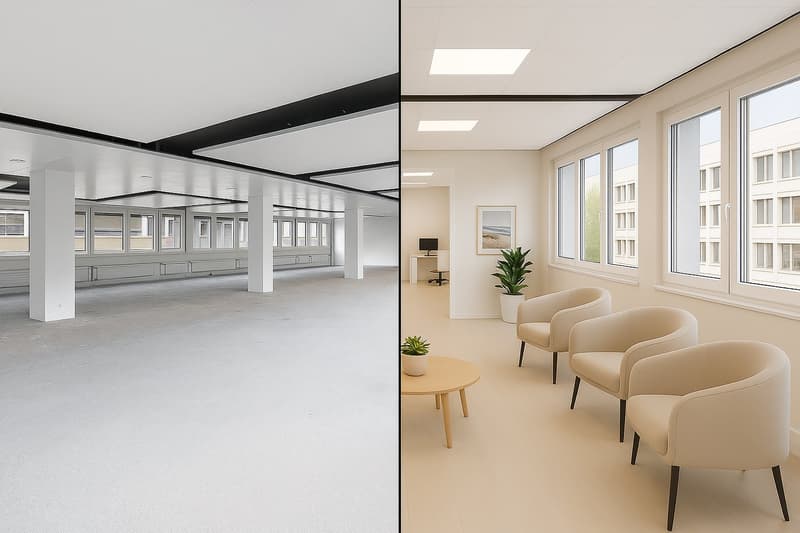 Links: Original / Rechts: Visualisierung mit Ausbau und Möbel