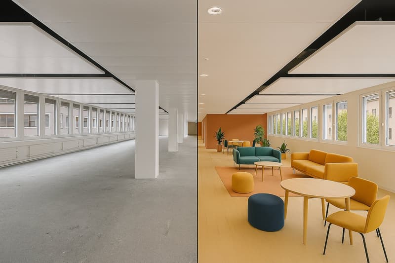 Links: Original / Rechts: Visualisierung mit Ausbau und Möbel