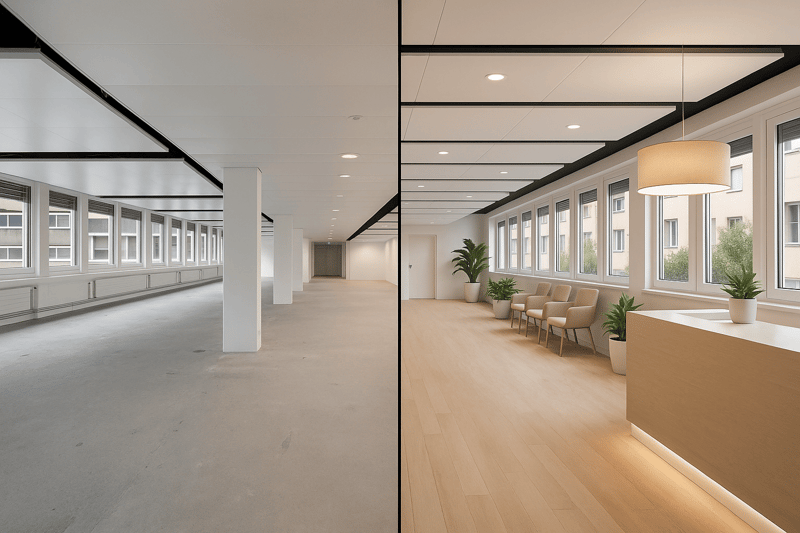 Empty office space, concrete floor, white walls, glass windows, waiting area with chairs and plants