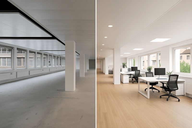 Links: Original / Rechts: Visualisierung mit Ausbau und Möbel