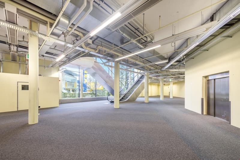 Large open area, wide stairwell, no furnishings or decor, high ceiling, industrial aesthetic
