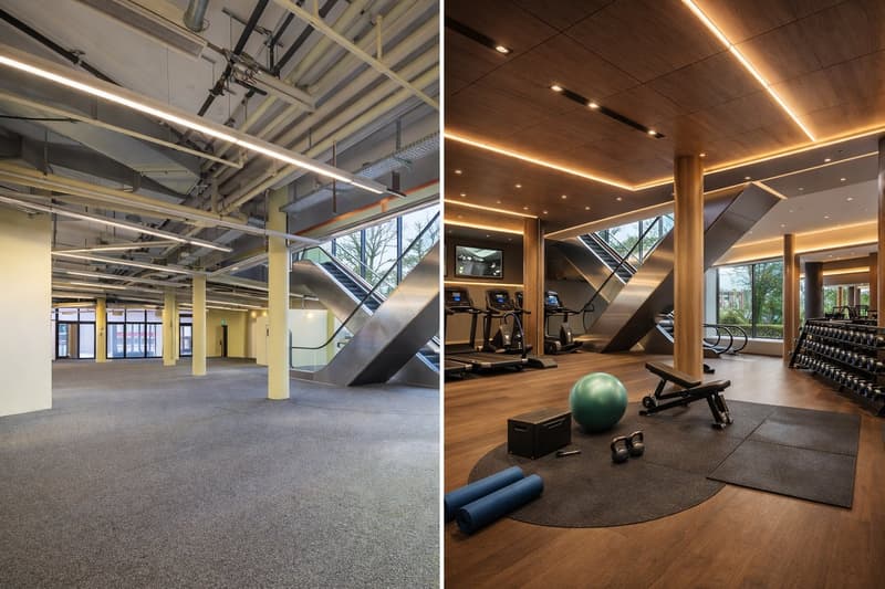 Large open gym space with gym equipment, treadmills, and yoga mats