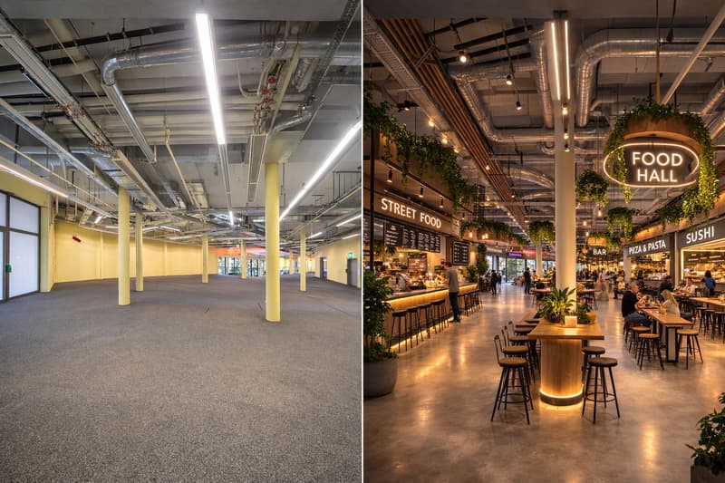 Food hall, seating, tables, counter, bar, yellow columns, exposed piping, lighting