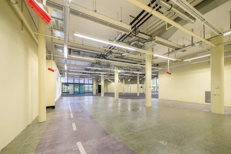 Empty room, industrial design, concrete floor, yellow walls, industrial pipes, windows