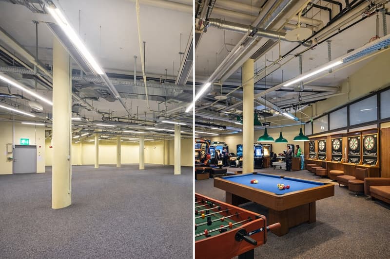 The indoor game area is spacious with carpeted flooring and high ceilings, featuring multiple gaming machines and tables. On the left, the area appears empty, while on the right, there are tables for pool and foosball, along with arcade machines.