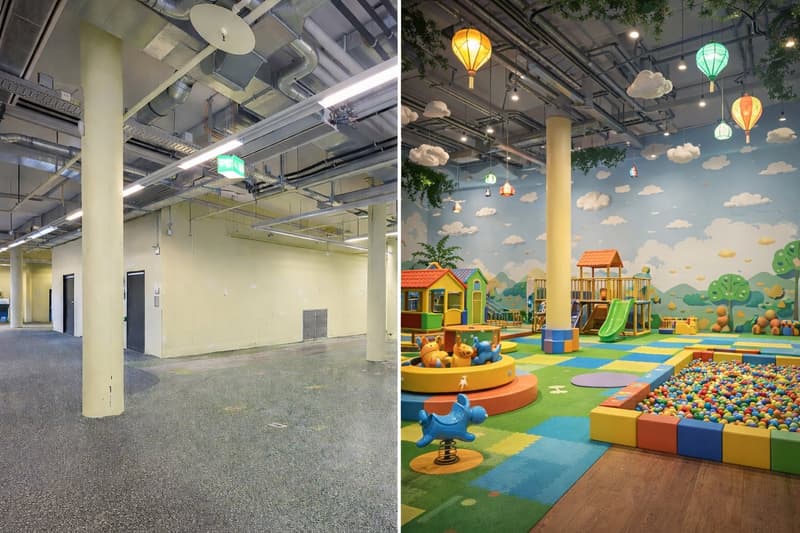 An empty room with a high ceiling and industrial pipes on the left, and a vibrant indoor playground with a green slide, colorful houses, and a ball pit on the right.